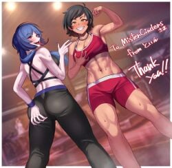 2022 2d 2d_(artwork) 2girls :d abs amber_eyes athletic athletic_female avire_(mr.cinders) black_hair blue_fingernails blue_hair blush blushing_at_viewer bra colored_nails ember_(mr.cinders) eyebrows eyelashes female female_focus female_only fit fit_female flexing flexing_bicep groping_self gym gym_pants gym_shorts gym_uniform hand_on_ass hand_on_breast hi_res highres light-skinned_female light_skin long_fingernails long_hair long_tongue mr.cinders muscular muscular_female navel original original_characters pale_skin red_eyes short_hair sports_bra sports_uniform tanned tanned_skin teeth teeth_showing toin_(iitoin) tomboy toned toned_female toned_stomach tongue tongue_out