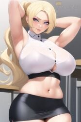 1girls ai_generated armpits arms_behind_head arms_up artist_self-insert belly big_breasts big_thighs blonde_hair blue_eyes breasts breasts_bigger_than_head bursting_breasts busty clothed clothed_female clothes clothing curvaceous curvy curvy_body curvy_female curvy_figure eyeliner eyeshadow female female_focus female_only grin hips huge_breasts large_breasts large_thighs light-skinned_female light_skin long_hair looking_at_viewer makeup midriff nai_diffusion navel ponytail queen_dee queen_dee_(character) see-through see-through_clothing short_skirt skirt smile smiling smiling_at_viewer smirk smirking smug solo solo_female solo_focus stable_diffusion stomach sweat sweaty thick thick_thighs thighs voluptuous wide_hips