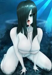 1girls 2022 absurd_res aldanadraws big_breasts black_hair cleavage female female_only ghost_girl green_eyes hair_between_eyes hair_over_one_eye kneeling long_hair looking_at_viewer nude nude_female open_mouth solo the_ring tongue_out white_skin yamamura_sadako