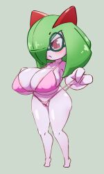 1girls areola_slip big_breasts bikini bikini_bottom_pull bikini_pull blush chloe_(masked_agent) female female_only furry glasses hi_res kirlia looking_down masked_agent narrowed_eyes nintendo pokémon_(species) pokemon pokemon_(species) pout pussy_floss round_glasses shortstack simple_background solo thick_thighs