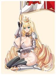 1girls bikini_armor blonde_hair cleavage crown curvy defeated epic7 female female_knight female_only flag green_eyes huge_breasts lidica_(epic7) long_hair looking_at_viewer medieval_armour noonnoon531 skimpy_clothes solo thick_thighs video_game_character