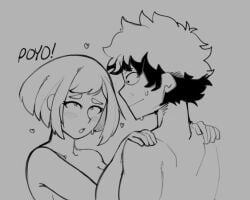 1boy 1boy1girl 1girls black_and_white blush_lines deku eyes_open eyes_rolling_back eyes_up female hands_on_shoulders hearts_around_head izuku_midoriya looking_at_partner male my_hero_academia ochako_uraraka open_eyes pleasure_face ragingbarbarians short_hair straight