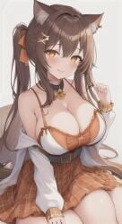 1girls ai_generated anything_diffusion big_breasts breasts brown_hair cat_ears cleavage nekomimi orange_eyes thick_thighs thighs