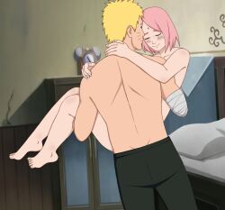 1boy 1girls bed bedroom before_sex blonde_hair blue_eyes blush boruto:_naruto_next_generations carrying_partner closed_eyes couple female happy happy_female human jack_.mery male naruto nude nude_female pink_hair princess_carry romantic sakura_haruno smile uzumaki_naruto