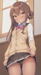 ai_generated anything_diffusion brown_hair cameltoe dark-skinned_female dark_skin evil_grin grin orange_eyes panties ribbon school_uniform schoolgirl skirt skirt_lift small_breasts smile tan_skin thighs