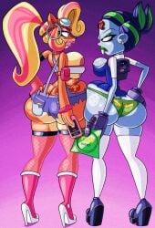 aged_up anthro ass_cleavage big_ass big_breasts bimbo blu3danny buckteeth butt_crack cleavage coco_bandicoot condom_wrapper crash_(series) darkmoontoons freckles goth goth_girl green_lipstick high_heels hyper_bimbo lipstick nina_cortex phone