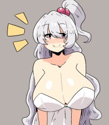 1girls big_breasts cleavage curvy_body dress grey_background light-skinned_female light_skin long_hair mature_female notnoe_(dxcl) shinki shinki_(touhou) smug touhou touhou_(pc-98) white_hair