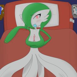 2019 3_fingers big_breasts blush_lines cleavage condom condom_in_mouth drawer gardevoir green_hair hand_on_stomach humanoid looking_at_viewer mega_stone on_bed pillow pokémon_(species) pokemon pokemon_(species) ring servedwithsalsa trash_bin