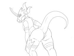 animated anthro anus armor ass bandai_namco becoming_erect bent_over cloacal_penis digimon digimon_(species) erection flamedramon headgear helmet line_art male non_human_face rationelle scalie slit solo