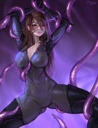 arms_up artist_name bangs black_thighhighs bodysuit boots breasts brown_eyes brown_hair cameltoe collarbone facial_mark female grey_bodysuit hair_between_eyes imminent_rape kai'sa large_breasts league_of_legends legs_apart long_hair parted_lips purple_background shiny_hair sleepingsol solo spread_legs tentacle thigh_boots thighhighs