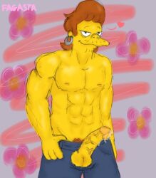 1boy 2d cum cum_drip dominant earrings fagasta hoop_earrings male male_only pants penis penis_out silver_hoop_earrings simple_background simpsons sketch snake_jailbird the_simpsons topless topless_male yellow_skin