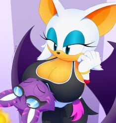 1girls anthro bat bat_wings big_breasts breasts cleavage clothing eyeliner female female_focus huge_breasts larger_female original_character rouge_the_bat sega size_difference slickehedge smaller_male sonic_(series) sonic_the_hedgehog_(series)