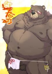 2023 alternate_version_at_source anthro balls bear belly ben_(zenless_zone_zero) ben_bigger big_belly black_nose blush brown_body brown_fur fur genitals kemono male male_only mammal mihoyo moobs navel nipples overweight overweight_male scar solo totemoii_029 zenless_zone_zero