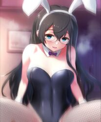 animal_ears black_hair black_leotard bow bowtie breasts breath commentary_request cowboy_shot female fishnet_pantyhose fishnets green_eyes hhh_(wave) implied_sex kantai_collection leotard long_hair looking_at_viewer medium_breasts motion_blur ooyodo_(kantai_collection) open_mouth out-of-frame_censoring pantyhose playboy_bunny purple_bow purple_bowtie rabbit_ears semi-rimless_eyewear small_breasts smile solo spread_legs under-rim_eyewear