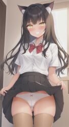 ai_generated anything_diffusion black_hair cameltoe cat_ears grin legwear medium_hair panties ribbon school_uniform skirt skirt_lift smile stockings thighhighs thighs yellow_eyes