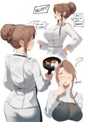 absurdres alternate_costume among_us apron blush braid breasts brown_hair chef crewmate_(among_us) crown_braid egg english_text female finger_in_own_mouth girls'_frontline grey_eyes hair_bun hand_on_hip highres holding_pan kion-kun large_breasts lee-enfield_(girls'_frontline) lee-enfield_(girls_frontline) multiple_views open_mouth pants sidelocks simple_background twitter_username white_background white_pants