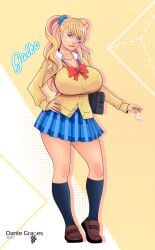 1girls big_breasts blonde_hair blue_eyes blue_ribbon clothing dante-grapes earrings female female_only fully_clothed galko huge_breasts large_breasts oshiete!_galko-chan red_ribbon school_uniform solo standing thick thick_thighs voluptuous voluptuous_female