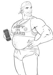 bear_(body_type) belly bulge crop_top d-bag_(dizdoodz) dizdoodz english_text male male_only monochrome monster_energy monster_energy_can monster_energy_drink mpreg muscles muscular muscular_male pregnant_male short_shorts snapback twitter_user_oc