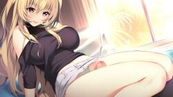 :d arm_support atelier_kaguya_honky-tonk_pumpkin bangs black_sweater blonde_hair bria_anderson brown_eyes censored denim denim_shorts dutch_angle female game_cg green_panties hair_between_eyes homestay_a_la_mode indoors leaning_back long_hair micro_shorts midriff mosaic_censoring navel off-shoulder_sweater off_shoulder open_mouth panties penis shiny_hair shorts smile solo_focus stomach straight sweater tai_(nazutai) thigh_sex underwear very_long_hair white_shorts