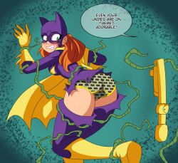 1girls ass barbara_gordon batgirl batman_(series) dc dc_comics embarrassed embarrassed_underwear_female english english_text euf exposed_panties female female_only imsomethingradical panties ripped_clothing ripped_pants solo speech_bubble