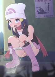 black_socks crouching dawn_(pokemon) embarrassed knee_socks kneehighs kneesocks kusashige open_mouth panties panties_around_leg peeing pokemon pussy socks urinating urinating_female urination urine urine_pool urine_stream white_panties