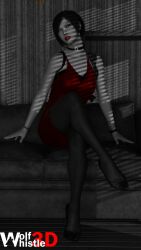 1girls 3d 3d_(artwork) ada_wong ada_wong_(adriana) black_and_white female female_only fully_clothed light_rays noir_lighting office red_dress resident_evil resident_evil_2 resident_evil_2_remake shadows solo wolfwhistle3d