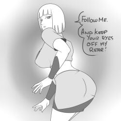 1girls ass_in_dress big_breasts black_and_white blunt_bangs bob_cut breasts female female_only huge_breasts kunoichi legs_together long_hair looking_at_viewer looking_back mattwilson83 mature mature_female naruto naruto_(series) naruto_shippuden ninja presenting presenting_ass presenting_hindquarters samui short_hair solo solo_focus speech_bubble talking talking_to_another talking_to_viewer text voluptuous