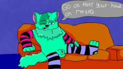 absurd_res animal_genitalia animal_penis anthro arm_stockings blue_eyes bodily_fluids canine_genitalia canine_penis clothing cum cum_drip dripping fur furniture genital_fluids genitals green_body green_fur hi_res jack_(th3wackytrap) legwear male mammal mustelid on_sofa otter penis pubes shaded sheath simple_shading sofa solo th3wackytrap thigh_highs