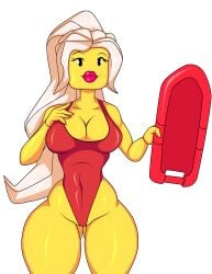 bikini black_eyes blonde_hair cute cute_face female female_focus female_human female_only girl hand_on_breast holding_object humanoid jose12mexico lego lego_minifigures lifeguard lifeguard_(lego) lifeguard_swimsuit long_hair minifigures_series_2 one_piece_swimsuit ponytail simple_background simple_coloring simple_shading toy yellow_body yellow_skin