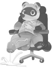 2023 animal_crossing anthro balls big_penis bodily_fluids canid canine chair clothing cum furniture genital_fluids genitals kemono male male_only mammal masshiro monochrome navel nintendo penis raccoon_dog shirt sitting solo tanuki tom_nook topwear