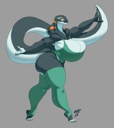 absurd_res anthro ass big_breasts big_butt boris_grim breasts claws cleavage clothed clothing cobra cute_fangs fangs female grey_background hi_res huge_breasts huge_butt k legwear reptile scalie shara_(anmtns) side_view simple_background snake solo stirrup_stockings thigh_highs toe_claws