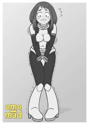 covering_crotch hands_on_crotch have_to_pee my_hero_academia nervous ochako_uraraka ochako_uraraka_(hero_outfit) omo_mad omorashi standing