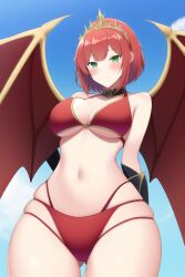 ai_generated big_breasts blush dragon_wings female green_eyes original_character_flare princess red_bikini red_hair red_wings short_hair sweet tiara