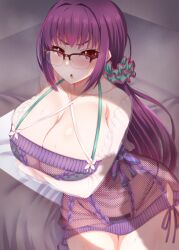 1girls angry arm_under_breasts arms_folded bikini blush breasts cleavage fate/grand_order fate_(series) female glasses hips huge_breasts ikue_fuuji large_breasts light-skinned_female light_skin long_hair open_mouth ponytail purple_hair red_eyes scathach_(fate) scathach_skadi scathach_skadi_(swimsuit_ruler)_(fate) see-through see-through_clothing slim_waist thick_thighs thighs wide_hips