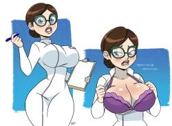 1girls aeolus06 astro_boy big_breasts dr._pigknuckle embarrassed english_text female female_only glasses presenting_cleavage scientist shy solo text