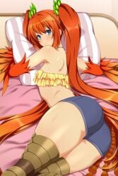 1girls ass breasts fi_(monster_musume) fully_clothed harpy legs_together lindaroze monster_girl monster_musume_no_iru_nichijou monster_musume_no_iru_nichijou_online on_side shorts small_breasts solo twintails