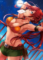 1girls adjusting_hair armlet armpits arms_behind_head arms_up bare_shoulders bellows_(suisei_no_gargantia) belt belt_pouch big_breasts bikini bikini_top_only blue_eyes blush breasts busty cleavage closed_mouth collarbone cowboy_shot dutch_angle earrings female female_only full_moon groin hair_ornament highres hoop_earrings jewelry large_breasts letter long_hair looking_at_viewer moon mouth_hold navel night night_sky ocean pose posing pouch railing red_hair seductive_smile sensual sexy_armpits short_shorts shorts shouno_kotarou sidelocks sky smile solo star_(sky) starry_sky stomach suisei_no_gargantia swimsuit voluptuous