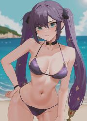 1girls ass_visible_through_thighs beach bikini black_hair blush breasts embarrassed female genshin_impact green_eyes large_breasts light-skinned_female light_skin long_hair mona_(genshin_impact) nvl outdoors purple_bikini slim_waist twintails