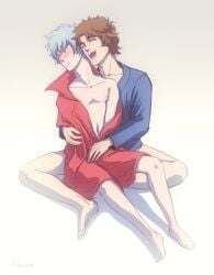 2boys after_sex annoyed barefoot blush bottomless brown_hair closed_eyes embarrassed full_body gintama gintoki_sakata hangleing happy hug looking_away male male_only off_shoulder open_clothes open_jacket partially_clothed sakamoto_tatsuma sitting sitting_on_lap smile wearing_others_clothes white_hair yaoi