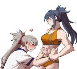 1boy 1girls abs admiring awestruck blonde_hair blue_hair blush clothed_female clothed_male commission couple dlanon dlanon feeling_up female fire_emblem fire_emblem_fates funny groping gym_shorts gym_uniform hand_on_another's_stomach heart highres large_breasts long_hair male muscle_girl muscular muscular_female nintendo oboro_(fire_emblem) orange_sports_bra ponytail red_eyes spoken_heart sports_bikini sports_bra sweat takumi_(fire_emblem) track_and_field