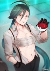 1girls asymmetrical_hair bandaged_chest breasts elite_four female female_only green_hair holding_object light-skinned_female light_skin long_hair looking_at_viewer naughty_face nintendo open_shirt pinkseito pokeball pokemon pokemon_sv ponytail red_eyes rika_(pokemon) sarashi small_breasts solo suspenders teal_hair