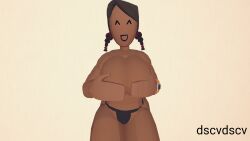 3d bikini_bottom black_hair covering_breasts dark-skinned_female dscvdscv_(recroom) hand_bra large_breasts midriff rec_room standing