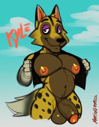 african_wild_dog animal_crossing anthro balls big_balls big_pecs big_penis canid canine canis furry kyle_(animal_crossing) male male_only marlon.cores muscles nintendo open_jacket penis solo solo_male spotted_fur