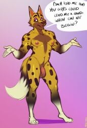 african_wild_dog animal_crossing anthro balls canid canine canis furry kyle_(animal_crossing) male male_only marlon.cores muscles nintendo nude penis solo solo_male speech_bubble spotted_fur