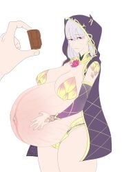 1girls big_belly big_breasts chocolate chocolate_heaven_(fate/grand_order) cleavage clone66 clothed clothing earrings fate/grand_order fate_(series) female female_only kama_(fate/grand_order) linea_nigra long_hair navel outie_navel pregnant red_eyes scantily_clad solo stretch_marks veiny_belly white_hair