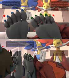 3d_(artwork) 5_toes anthro black_body blue_body blue_fur blue_toenails delphox dialogue_box digital_media_(artwork) eeveelution eyewear fan_character feet female foot_fetish foot_focus foot_lick foot_play fur generation_2_pokemon generation_6_pokemon glasses green_toenails group hi_res humanoid_feet licking male male/female nintendo onomato plantigrade pokémon_(species) pokemon pokemon_(species) red_body red_fur teasing toes tongue tongue_out trio umbreon umbreonthewhovian visor yellow_body