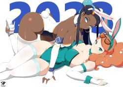 2girls aqua_eyes ass black_hair blue_eyes breasts bubble_butt bunny_ears bunny_girl bunnysuit chocolate_and_vanilla dark-skinned_female dark_skin duo female female_only glasses glasses_on_head gym_leader kaos_art large_breasts light-skinned_female light_skin long_hair multiple_girls nessa_(pokemon) new_year new_year_2023 nintendo orange_hair pokemon pokemon_professor pokemon_ss side_ponytail sonia_(pokemon) year_of_the_rabbit