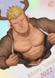 1boy 2023 abs antlers bara bare_pectorals blonde_hair christmas erection facial_hair highres hiroki_bzdsk large_pectorals male_focus male_only male_pubic_hair merry_christmas muscular muscular_male navel nipple_piercing nipples nose_piercing open_clothes original pectorals penis piercing pubic_hair reindeer_antlers short_hair smile solo stubble