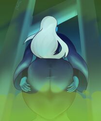 1girls alien ass bawko big_ass blue_diamond blue_diamond_(steven_universe) blue_hair blue_skin brap bubble_butt cartoon_network curvy diamond_authority dress fart from_behind gem_(species) green_gas holding_ass huge_ass huge_fart long_hair solo steven_universe thick_thighs