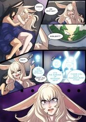 2girls bunny_ears celeste_(kinkymation) christmas comic english_text estella_(kinkymation) kinkymation long_hair multiple_girls nude original yuri